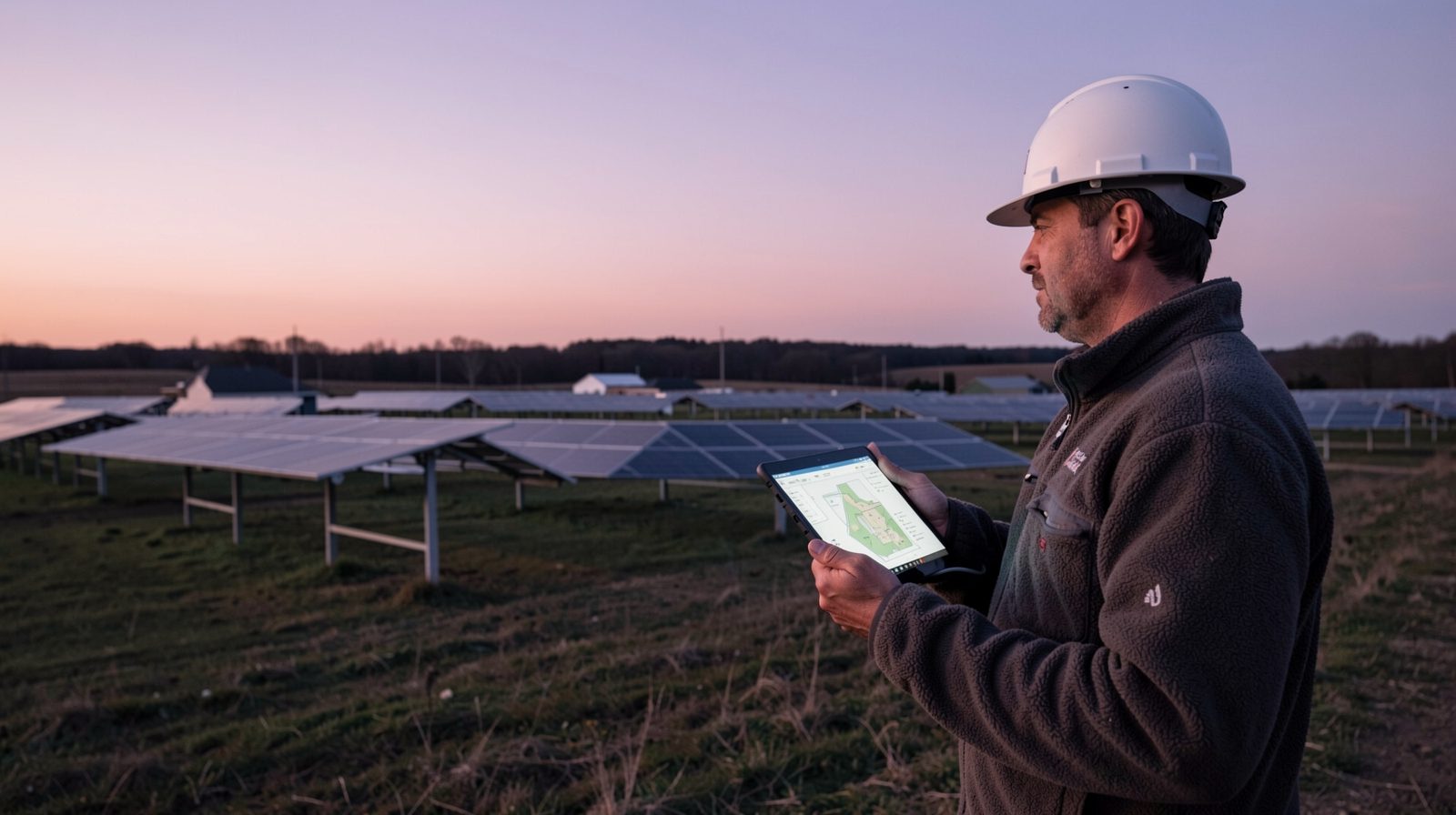 An engineer in a hard hat holding a tablet beside a small solar site