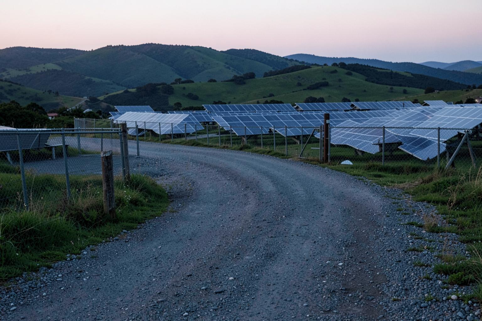 A gravel access road leading to a fenced community solar site, with rolling hills behind